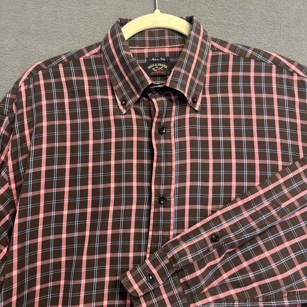 Paul & Shark Yachting Button Down Dress Shirt Mens L Brown Plaid Made in Italy